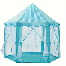 (Blue with Light) Youngsters' Dream Castle Play Tent - Pink/Blue Princess House with Mosquito Net, Durable Polyester & Fiberglass Frame