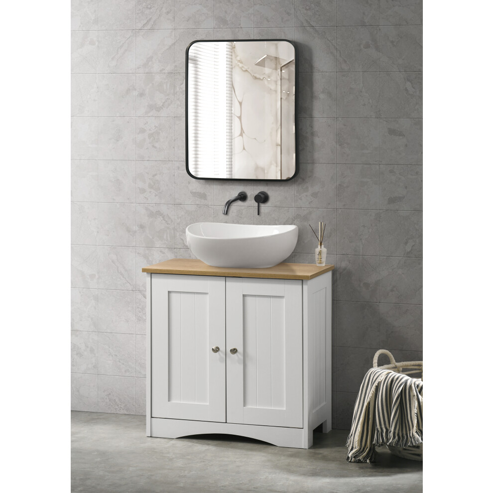 Bathroom Sink Cabinet Storage Furniture White & Oak Top
