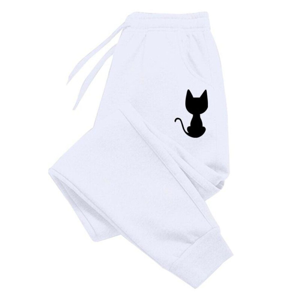 (white, XL) Cute Cat Printed Women Sweatpants Cotton Long Pants Jogger Trousers Sports Fitness Solid Jogging Pants