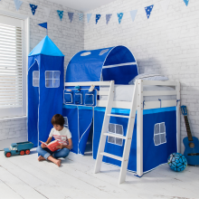 Moro Cabin Bed with Ladder and Blue Cotton Tent, Tower & Tunnel in White