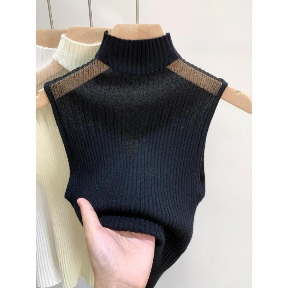 (black, S) Summer Women Knitted  Sleeveless T-shirt Mesh Hanging Neck Semi-high Neck Small Vest Female Undershirt Street Clothes