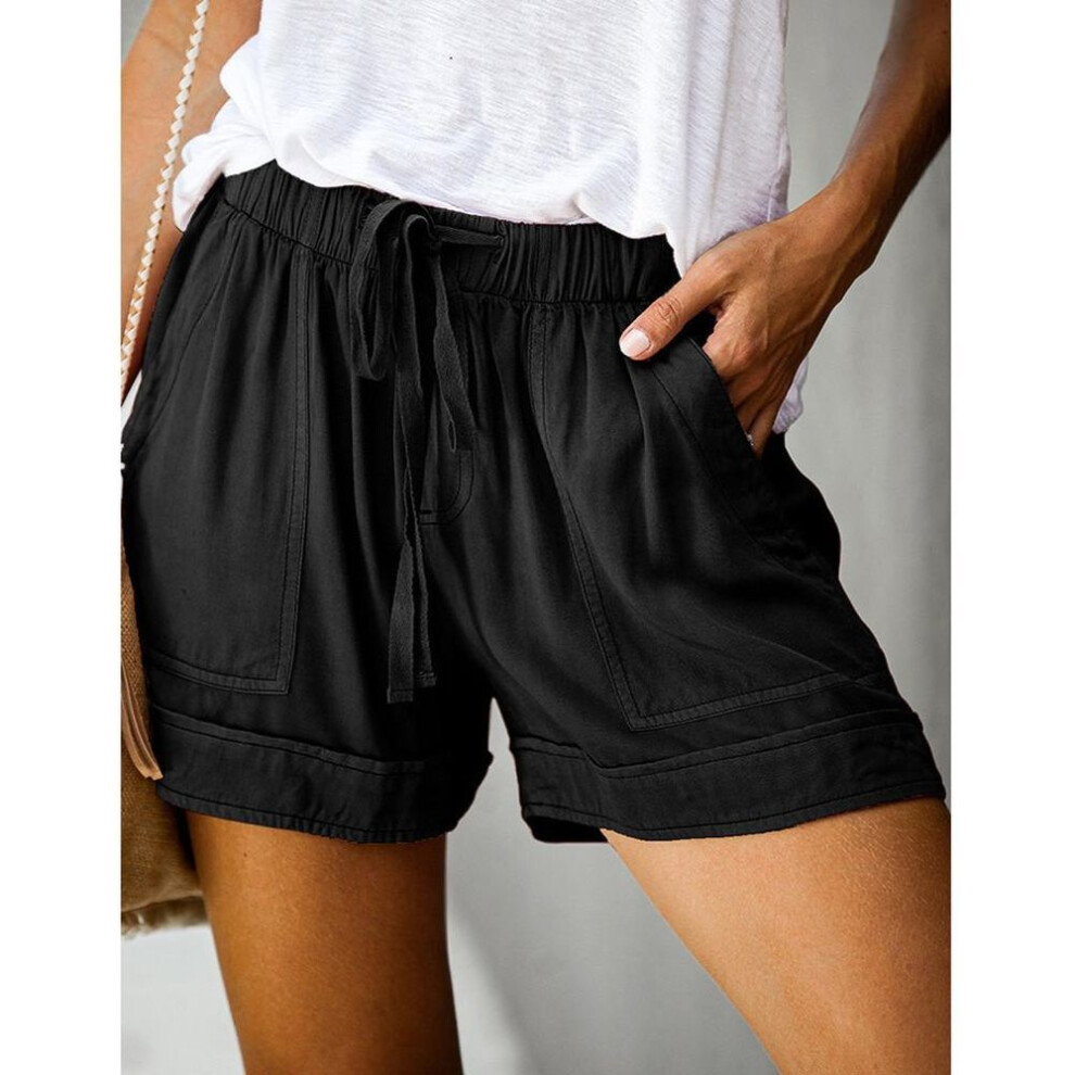 (black, XXL) Plus Size Womens Drawstring Casual Elastic Waist Pocketed Loose Shorts Pants