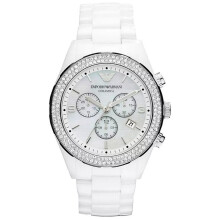 Emporio Armani AR1456 Ceramica Crystal White Ladies Watch - 43mm Ceramic Case, White Mother-of-Pearl Dial, 3 Sub-Dials, Quartz Chronograph