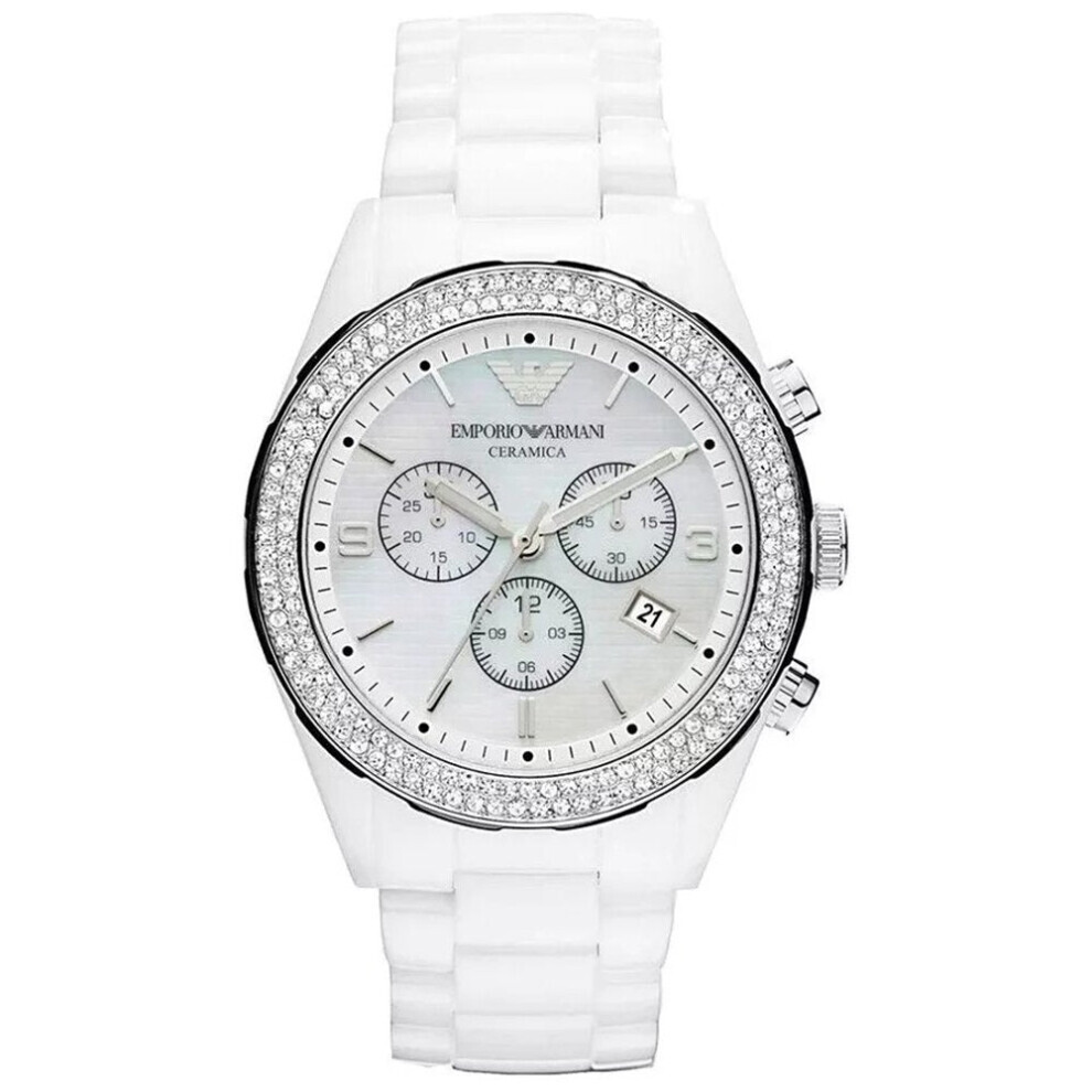 Armani Emporio Ar1456 Ceramica Crystal Ladies Watch - 43Mm Ceramic Case, Mother-Of-Pearl Dial, 3 Sub-Dials, Quartz Chronograph White