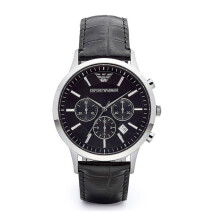 Emporio Armani AR2447 Men's Steel Watch - Black Leather Strap, Chronograph, Date, 39mm, 5 ATM Water-Resistant