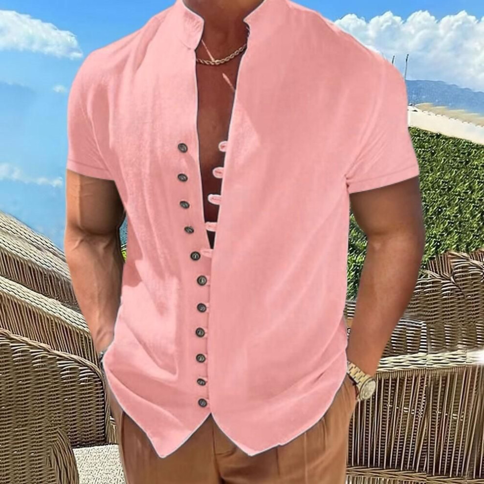 (pink, XXL) Summer Men's Cotton Linen Tops White Black Vintage Button Up Stand Neck Short Sleeve Shirt Men