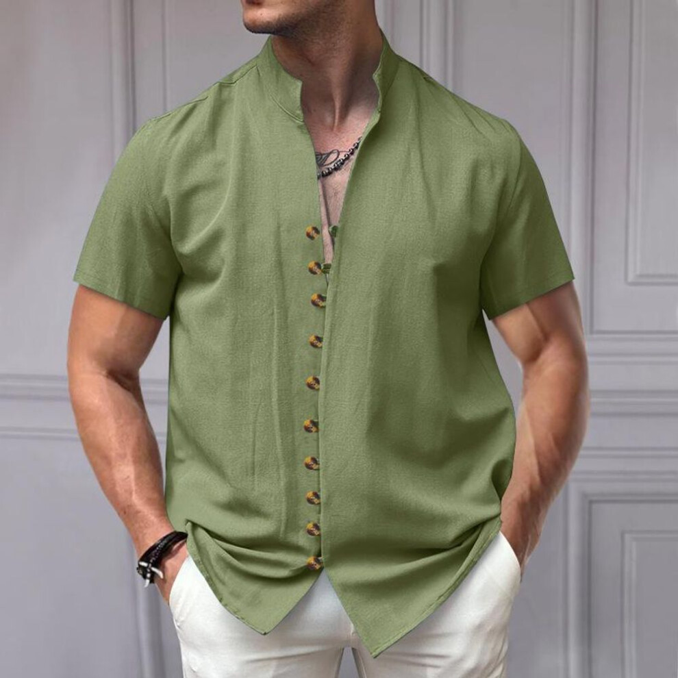 (army green, M) Summer Men's Cotton Linen Tops White Black Vintage Button Up Stand Neck Short Sleeve Shirt Men