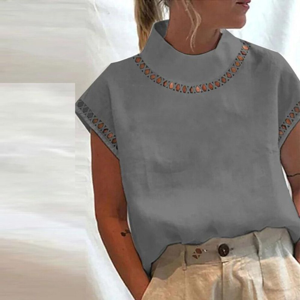 (grey, XXL) Women Blouse Solid Color Hollow Top Casual Stand Collar Cotton Linen Blouses Ladies Lace Patchwork Breathable Shirt