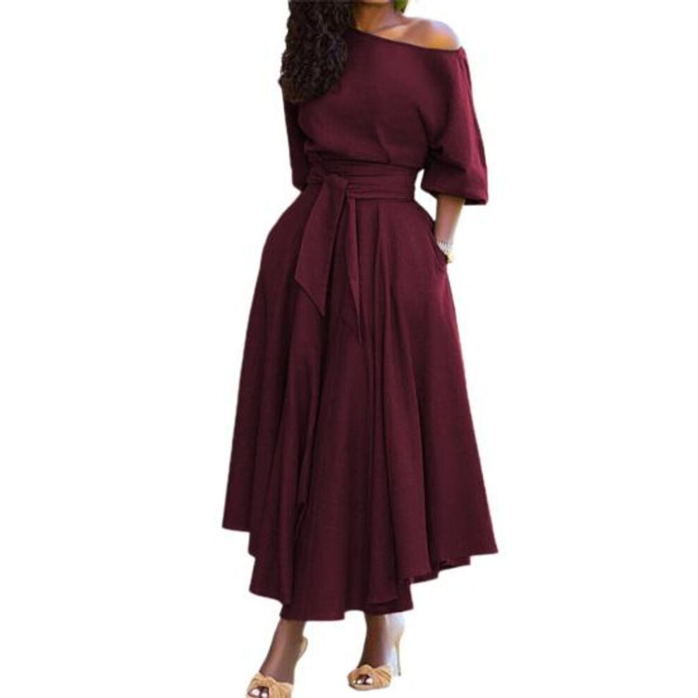 (wine red, S) Vintage Fashion Oblique Shoulder Solid Color Dress   Wide Formal Solid Color  Elegant Dress