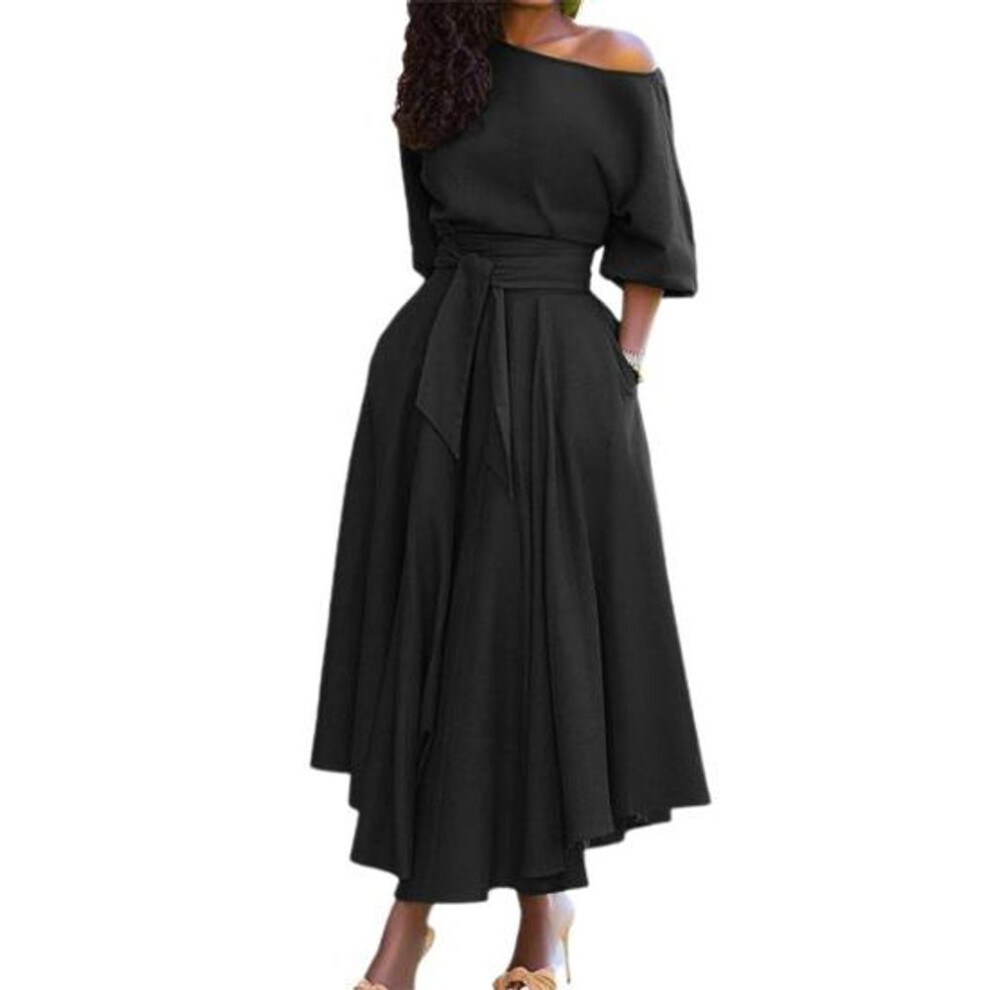 (black, XL) Vintage Fashion Oblique Shoulder Solid Color Dress   Wide Formal Solid Color  Elegant Dress