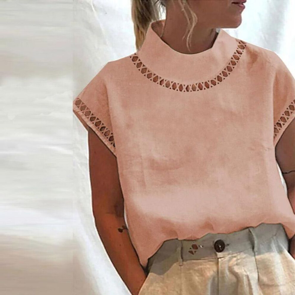 (pink, M) Women Blouse Solid Color Hollow Top Casual Stand Collar Cotton Linen Blouses Ladies Lace Patchwork Breathable Shirt