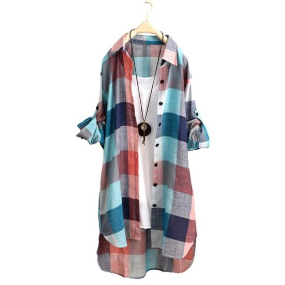 (multicolor, 3XL) Women Shirt Plaid Print Contrast Color Irregular Hem Single-breasted Long Sleeve Lapel Oversized Soft Breathable Top