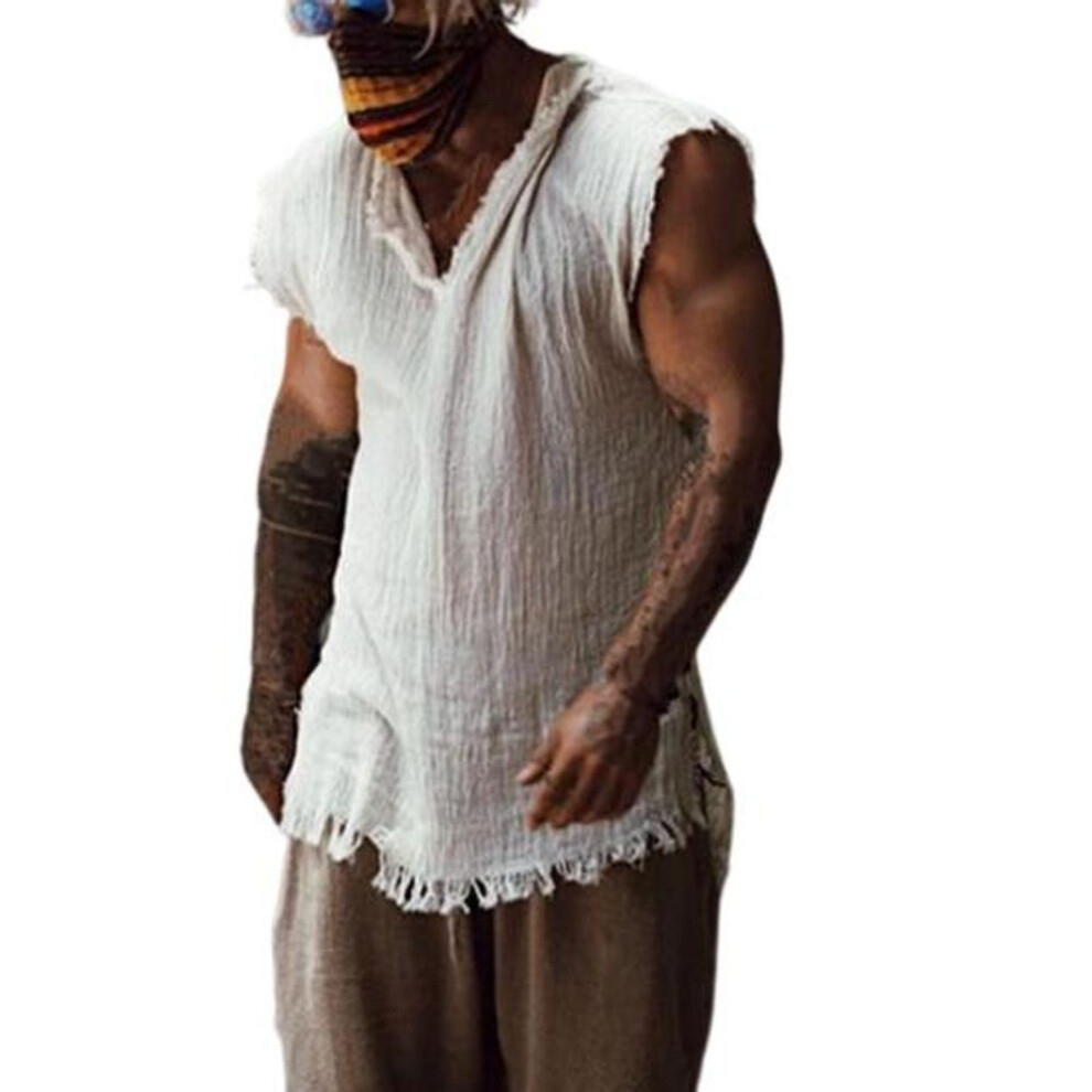 (white, M) Men Tank Top Solid Color Male Garment Special Breathable V Neck Summer Vest Trendy Loose Type Ripped Edge