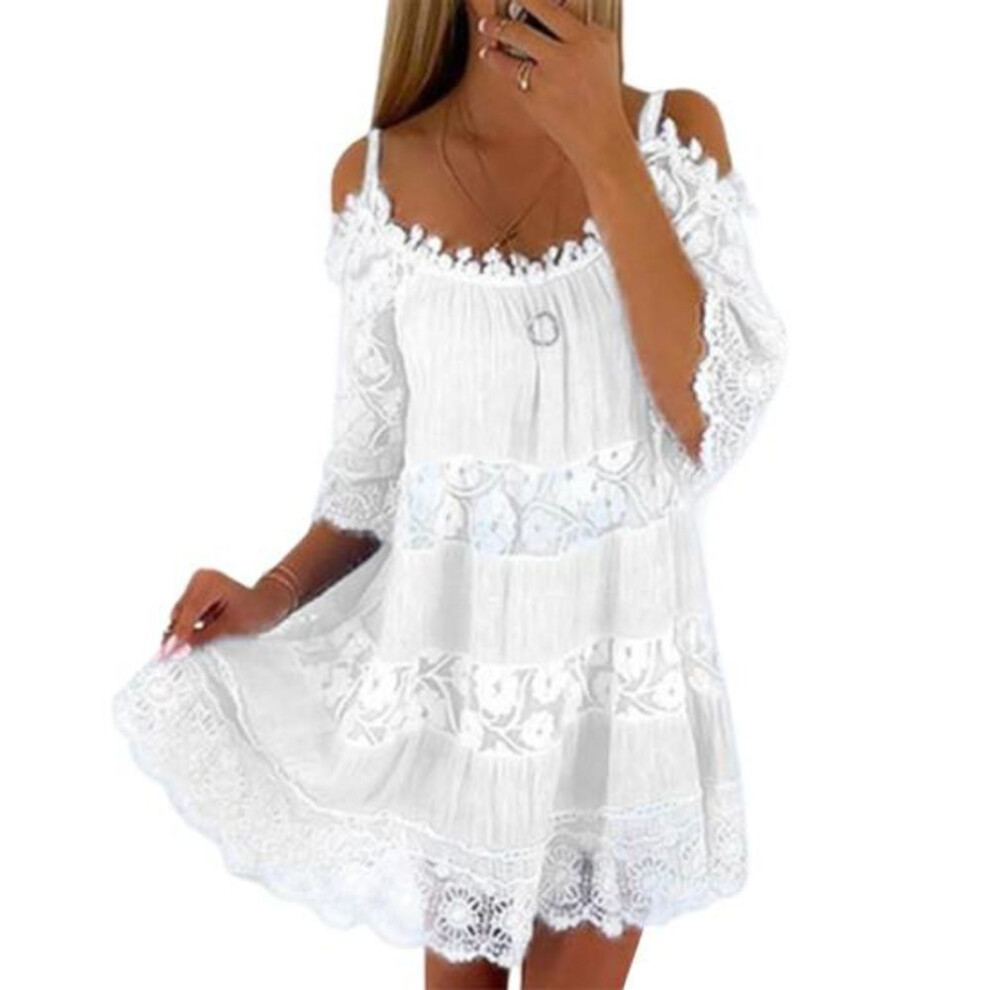 (white, L) Lady Casual Summer Lace Half Sleeves Scoop Neck Short Dress