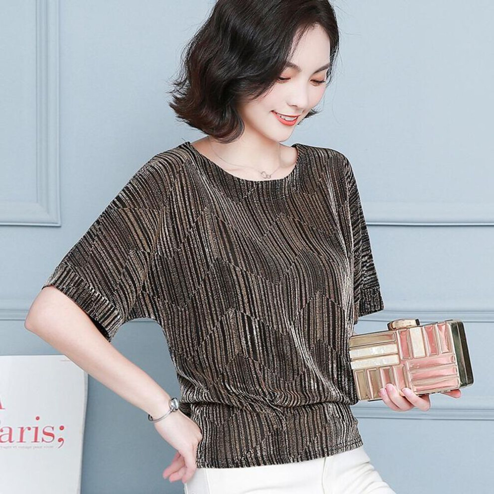(gold, XXL) Red Golden Shine Women Blouses Glitter Loose Short Sleeve Shirt Tops Fashion Elegant Shiny Sequin Tunic Ladies Blouse