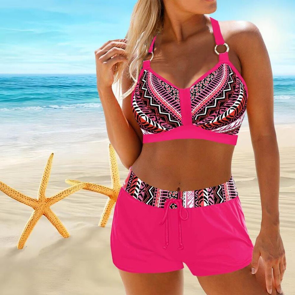 (rose, 3XL) Women's Shoulder Strap Swimsuit with Multi-color Striped Printed Bikini Short Tank Top Swimsuit