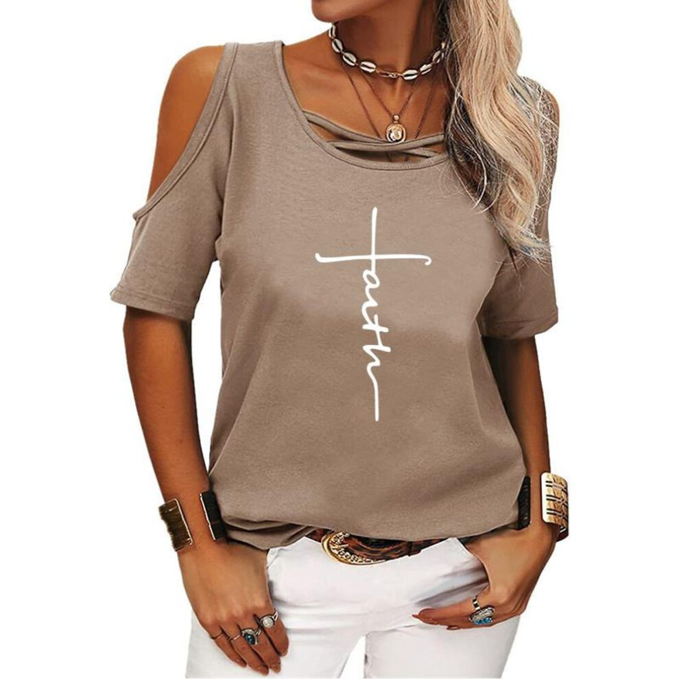 (khaki, XL) Women Casual Printed T-shirt Summer Fashion Round Collar Short Sleeve Top Pullover Loose Blouses Ladies Tee Shirt
