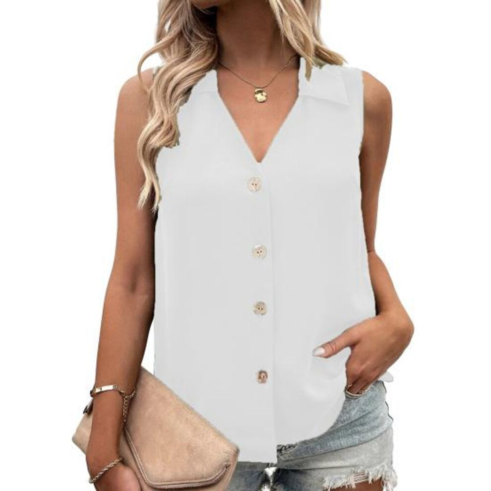 (white, S) Women Summer T-Shirt Vest Casual Solid Color Tank Top Oversize V-Neck Sleeveless Button Single-breasted Mid Length Soft Breathable Female Clothes
