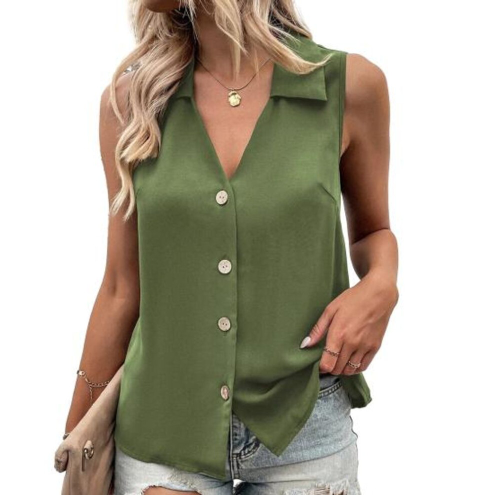 (army green, XL) Women Summer T-Shirt Vest Casual Solid Color Tank Top Oversize V-Neck Sleeveless Button Single-breasted Mid Length Soft Breathable Female Clothes