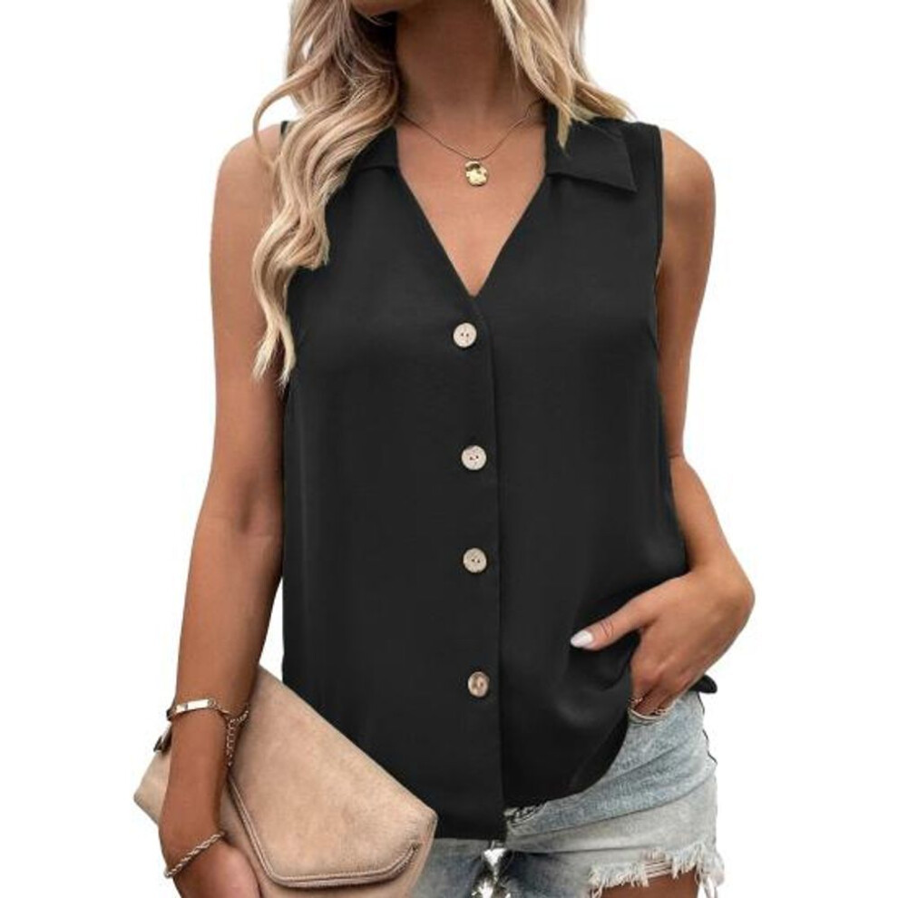(black, M) Women Summer T-Shirt Vest Casual Solid Color Tank Top Oversize V-Neck Sleeveless Button Single-breasted Mid Length Soft Breathable Female Clothes