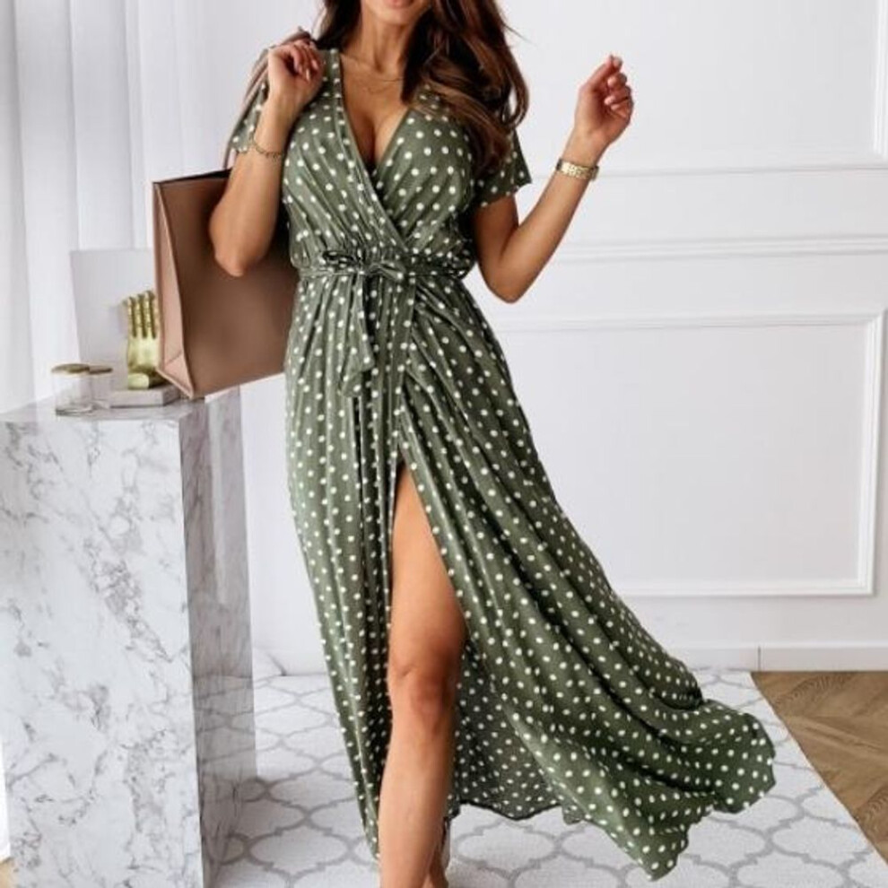 (green, M) Qiced Summer Short Sleeve V-neck Bohemian Polka Dot Print Dress Long Skirt
