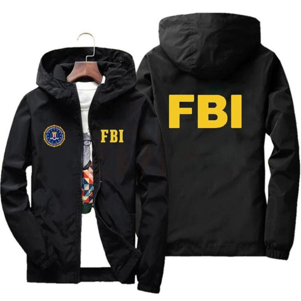 (black, L) Men's hooded sports jacket, FBI printed jacket, high-quality, windproof, casual, fashionable, spring and autumn season