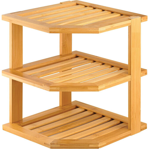 MantraRaj 3 Tier Bamboo Corner Shelf Rack Unit Kitchen Cupboard Storage Organiser Worktop Tidy Kitchen Plate Rack (Natural)