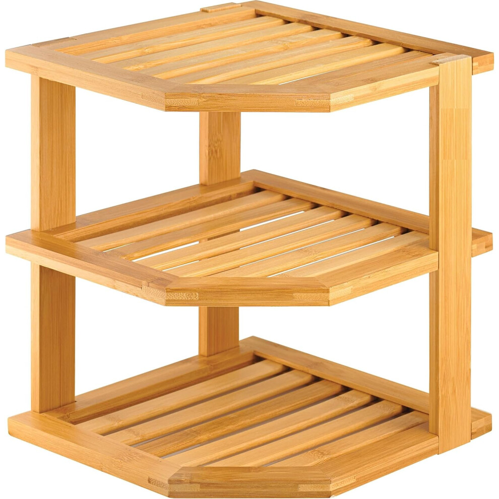 Mantraraj 3 Tier Bamboo Corner Shelf Rack Unit Kitchen Cupboard Storage Organiser Worktop Tidy Kitchen Plate Rack (Natural)