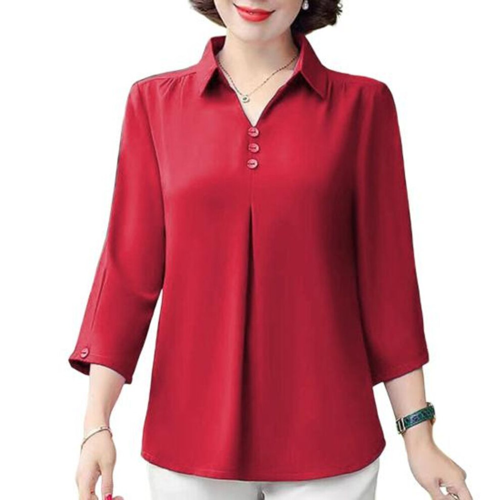 (wine red, L) Sleeves Large Size Turn-down Pullover Collar Buttons Top Solid Color Three-quarter Match Pants Mid-aged Casual Plus Size