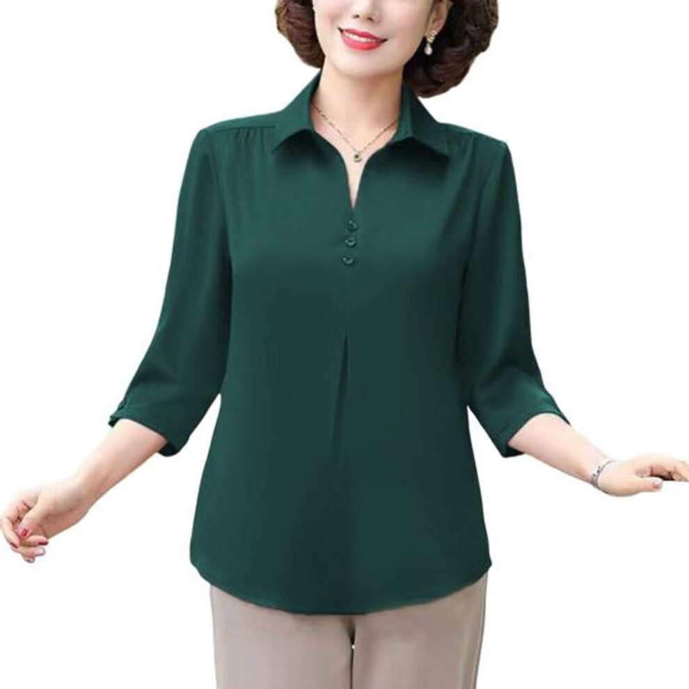 (dark green, 3XL) Sleeves Large Size Turn-down Pullover Collar Buttons Top Solid Color Three-quarter Match Pants Mid-aged Casual Plus Size