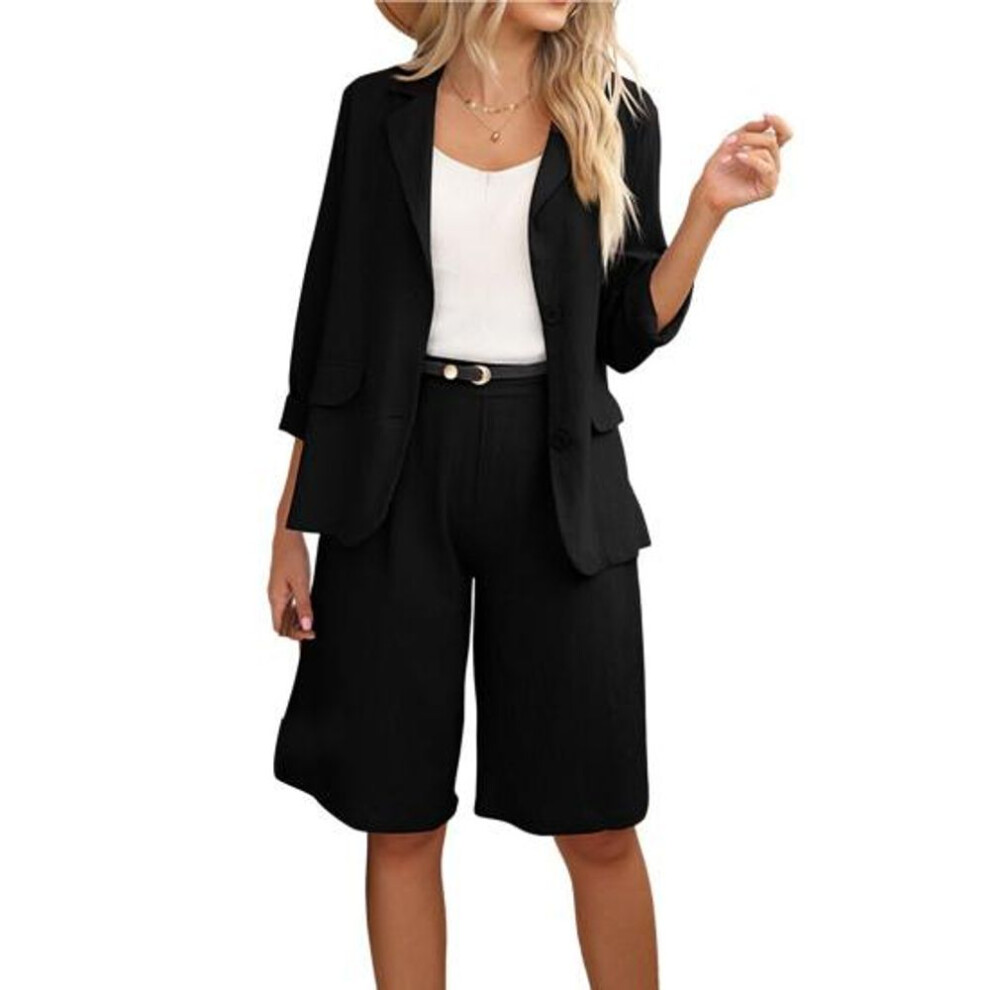 (black, 5XL) Simple Women Outfit Lapel Loose-fitting Buttons Elastic Waist Shorts Linen Suit