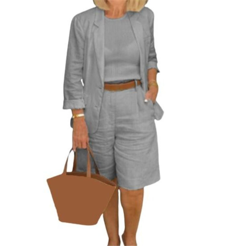 (grey, 2XL) Simple Women Outfit Lapel Loose-fitting Buttons Elastic Waist Shorts Linen Suit
