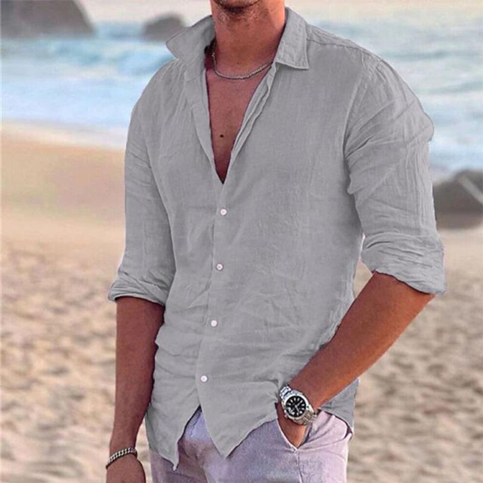 (gray, 2XL) Men's Linen Long Sleeve Shirts Button Up Shirt Casual Summer Loose Fit Turn-down Collar Shirt