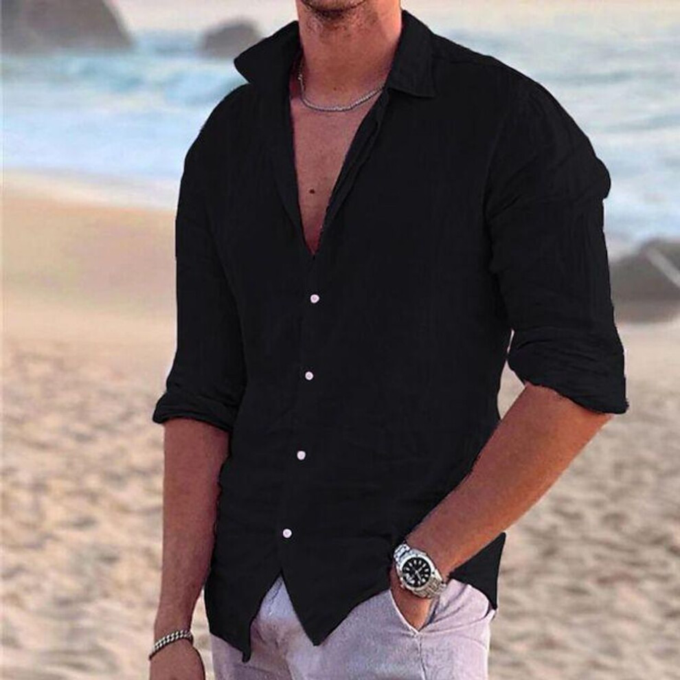 (black, 3XL) Men's Linen Long Sleeve Shirts Button Up Shirt Casual Summer Loose Fit Turn-down Collar Shirt