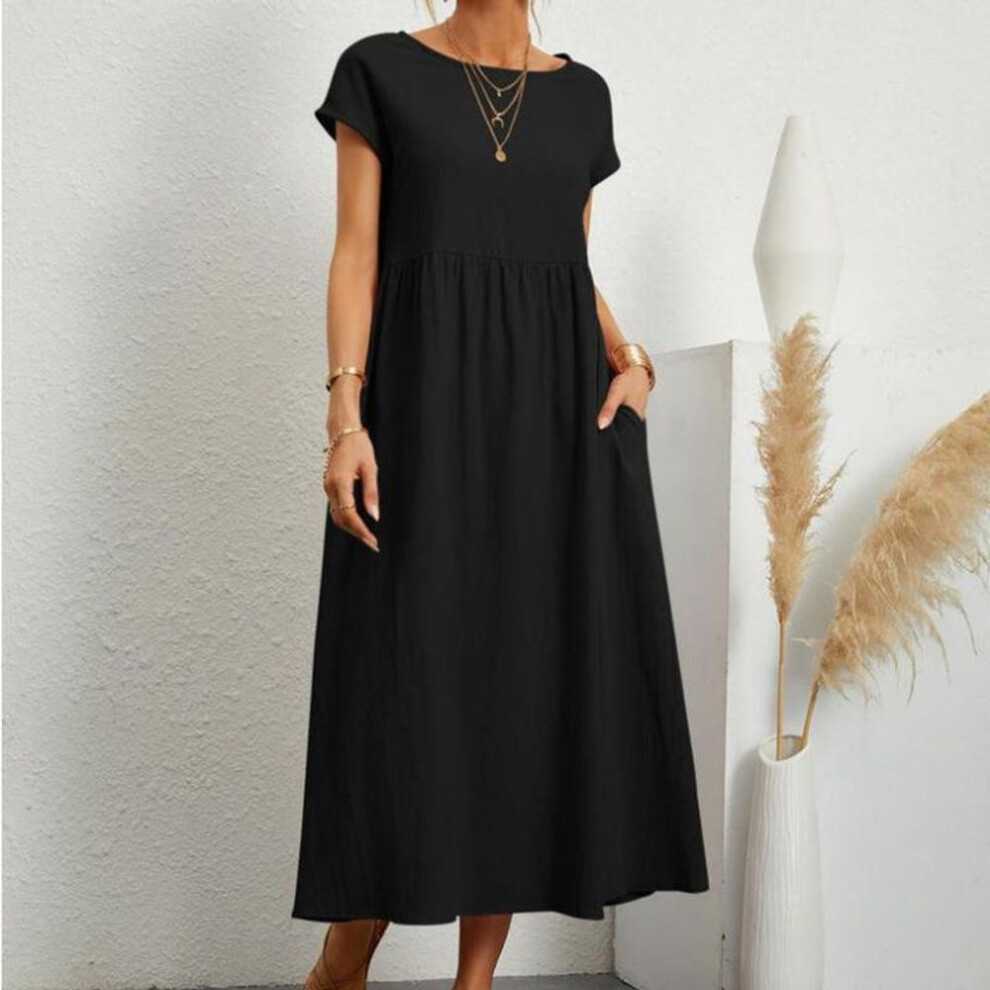(black, L) Summer Casual Loose Dress Women Short Sleeve O Neck A Line Woman Dress With Pocket Office Lady Cotton Linen Dresses 24647