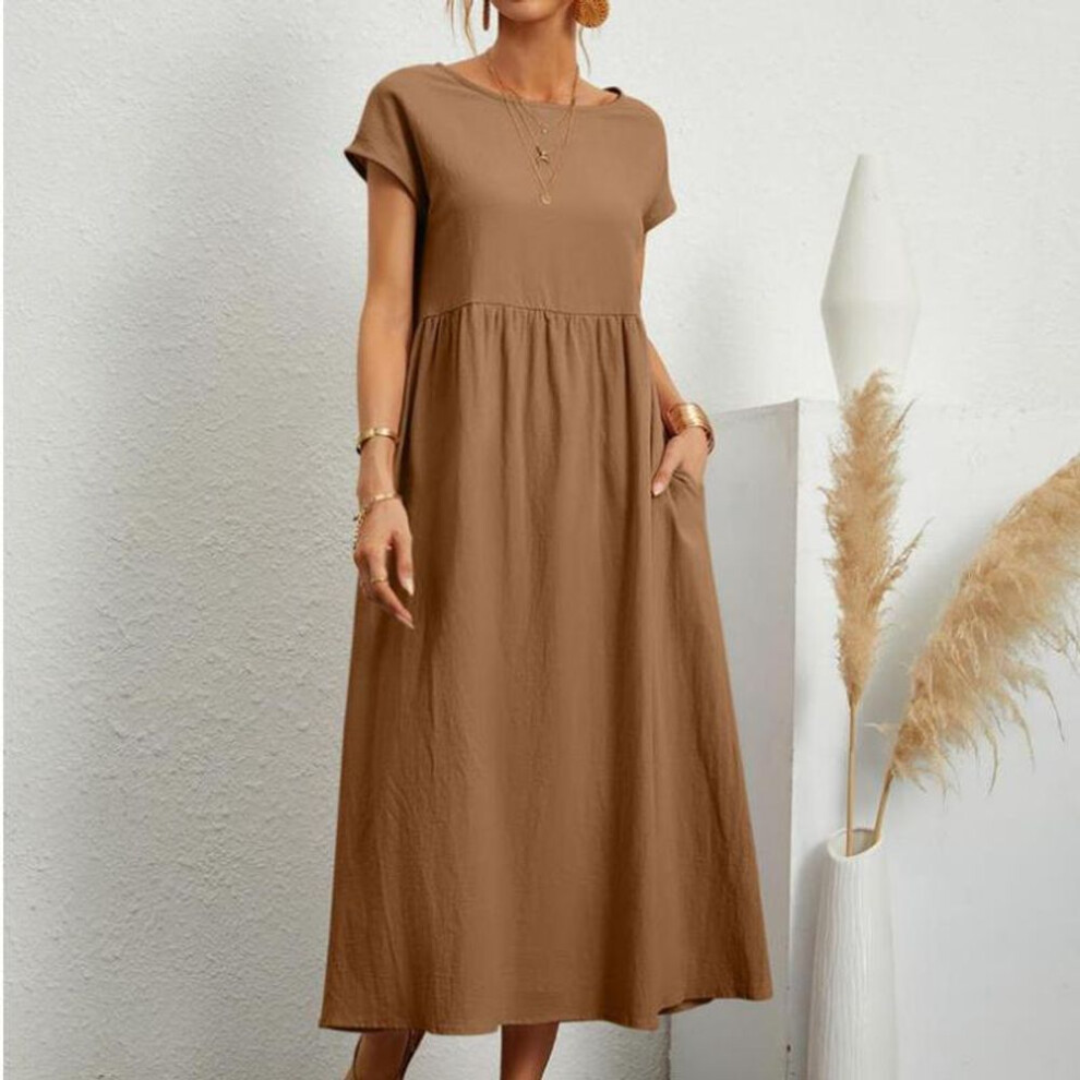 (brown, XXL) Summer Casual Loose Dress Women Short Sleeve O Neck A Line Woman Dress With Pocket Office Lady Cotton Linen Dresses 24647