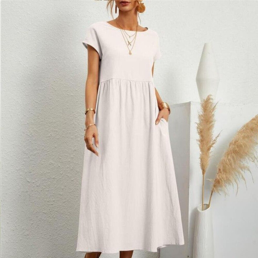 (white, M) Summer Casual Loose Dress Women Short Sleeve O Neck A Line Woman Dress With Pocket Office Lady Cotton Linen Dresses 24647