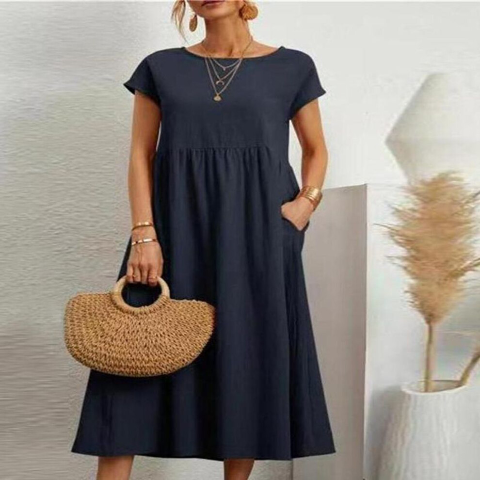 (dark blue, XL) Summer Casual Loose Dress Women Short Sleeve O Neck A Line Woman Dress With Pocket Office Lady Cotton Linen Dresses 24647
