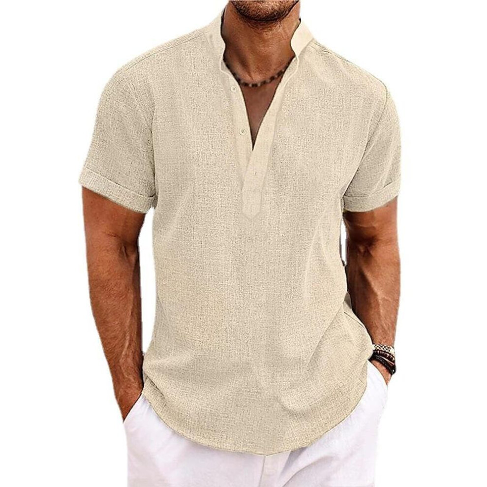 (apricot, XL) Men's Linen Shirts Short Sleeve Button Up Neck Stand Collar Casual Summer Home Daily Shirts