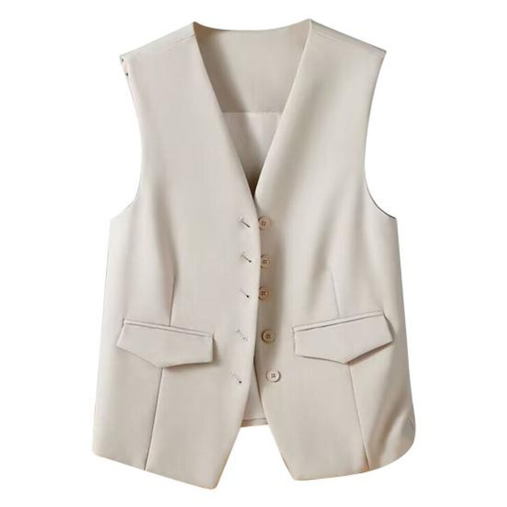 (beige, S) Women Business Vest V Neck Sleeveless Solid Color Single-breasted Business Commute Style Cardigan Suit Coat