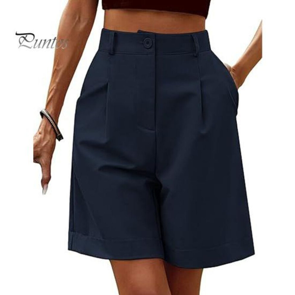(navy blue, S) Summer Women Shorts Elastic High Waist Loose Side Pockets Straight Above Knee Length Soft Solid Color Breathable Daily Casual Business Office Shorts