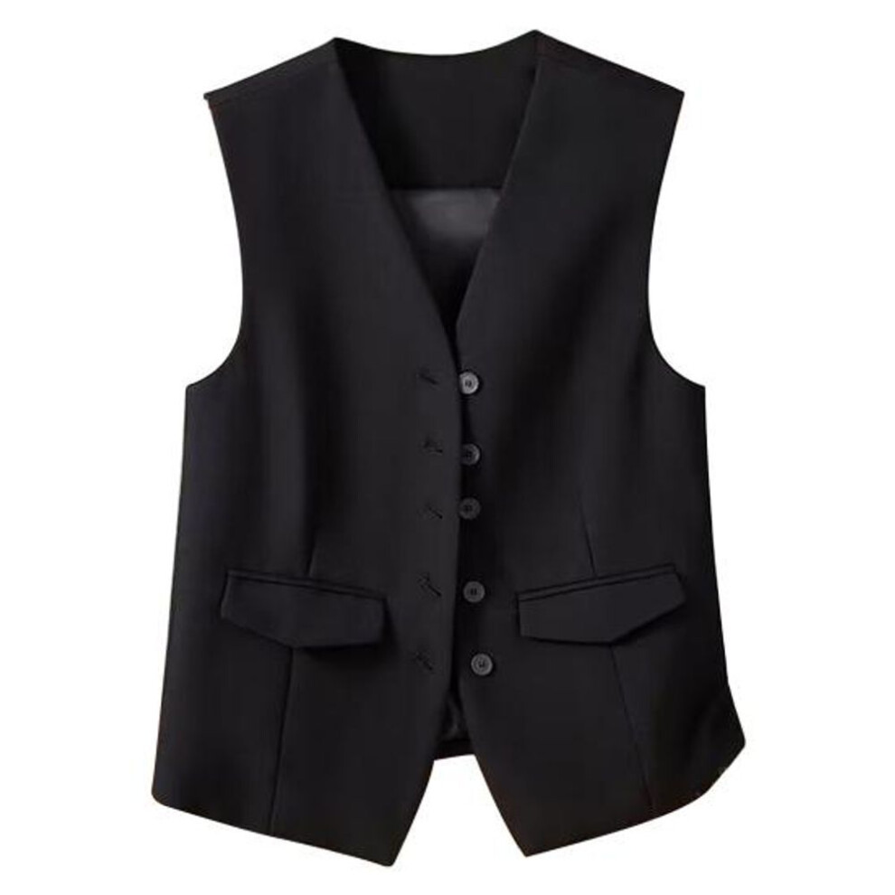 (black, M) Women Business Vest V Neck Sleeveless Solid Color Single-breasted Business Commute Style Cardigan Suit Coat