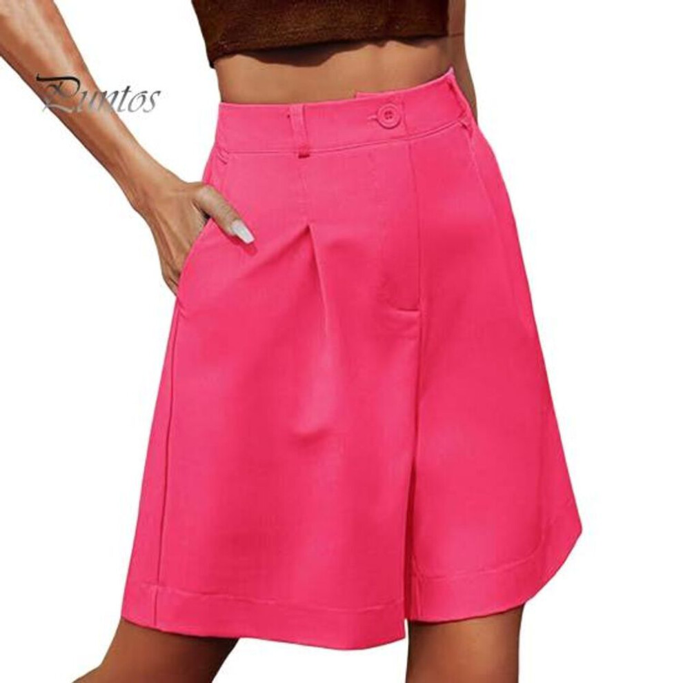 (rose red, 2XL) Summer Women Shorts Elastic High Waist Loose Side Pockets Straight Above Knee Length Soft Solid Color Breathable Daily Casual Business Office Shorts