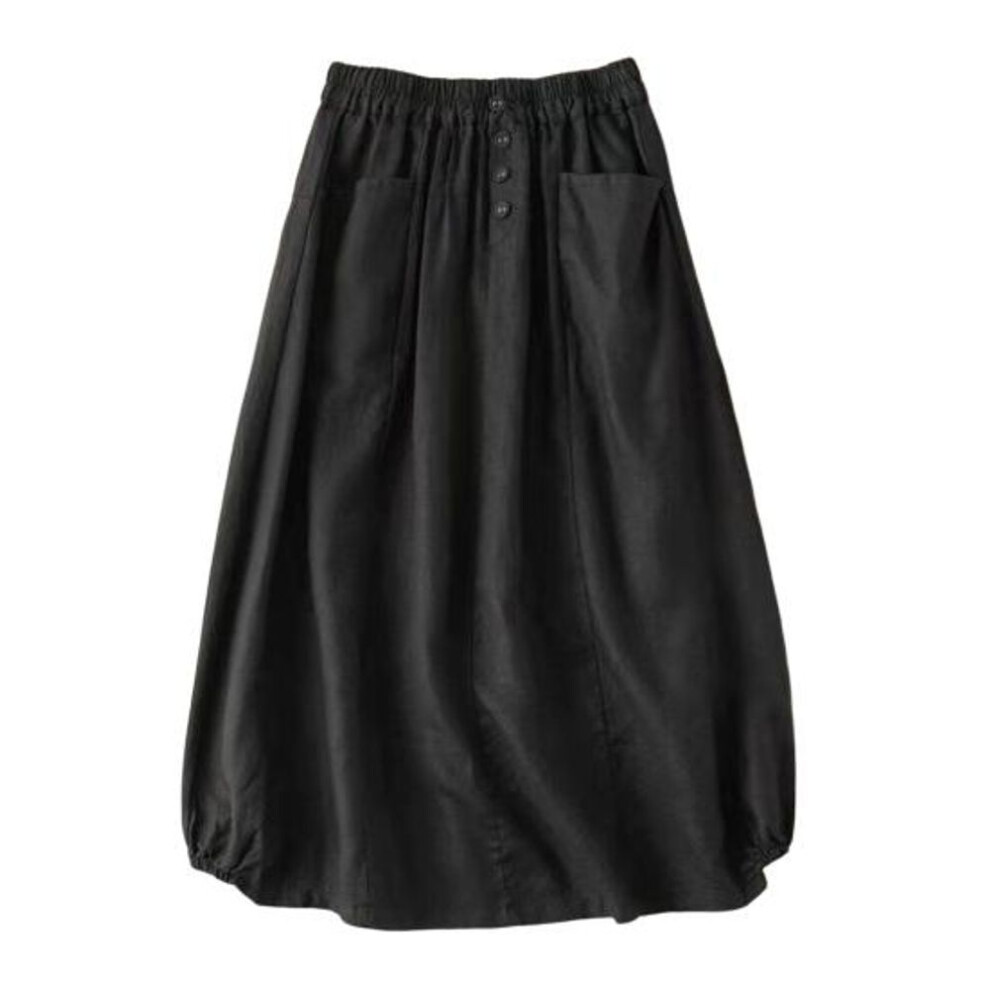 (black, 4XL) High-waist Elastic Waistband Pockets Buttons Decor Large Hem Midi Skirt Women Solid Color A-line Retro Skirt