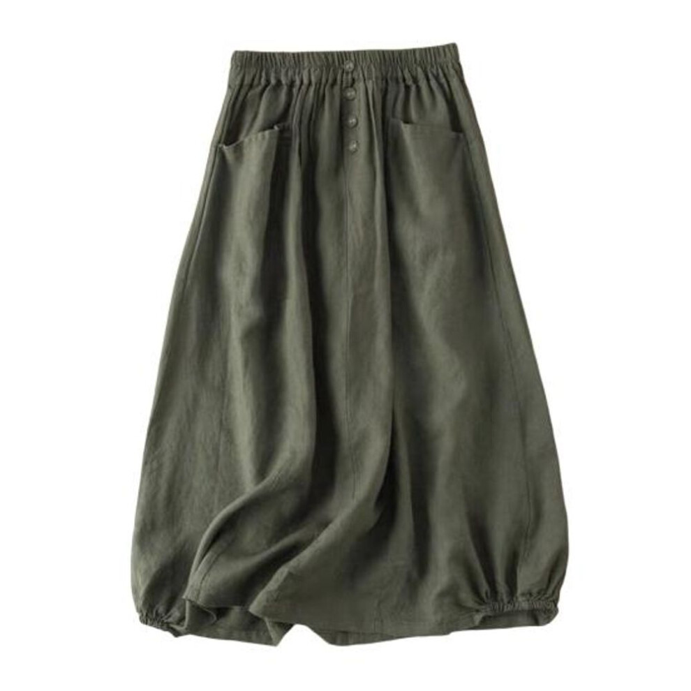 (army green, L) High-waist Elastic Waistband Pockets Buttons Decor Large Hem Midi Skirt Women Solid Color A-line Retro Skirt