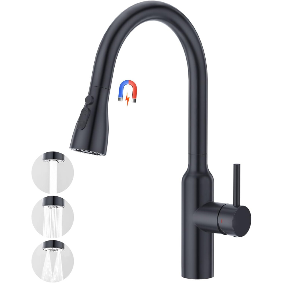 (Black, 3 Function Sprayer) Kitchen sink mixer tap with pull-out spray, single lever kitchen faucet, high pressure sink faucet with magnetic 3 function swivel retractable spout