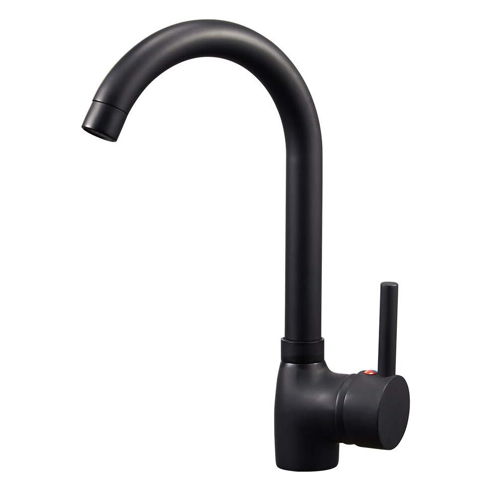 (Black) Single Lever Swivel Spout Modern Kitchen Sink Basin Mixer Tap with UK Standard Fittings Matt Black Mixers Taps 1 Hole Swan Neck Monobloc Hot Cold