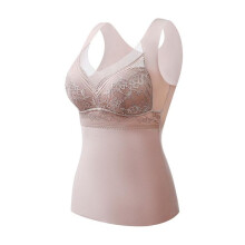 (light pink, L) Women's Autumn and Winter Lace Velvet Thermal Vest Women's Embroidered Fixed One-Cup Slim Bottoming Thickened Thermal Underwear