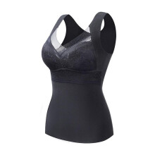 (black, XL) Women's Autumn and Winter Lace Velvet Thermal Vest Women's Embroidered Fixed One-Cup Slim Bottoming Thickened Thermal Underwear