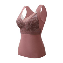 (coffee, XL) Women's Autumn and Winter Lace Velvet Thermal Vest Women's Embroidered Fixed One-Cup Slim Bottoming Thickened Thermal Underwear